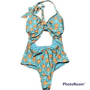 ModCloth Woman’s Orange Floral & Teal Cutout Front Strappy Swimsuit Size Medium